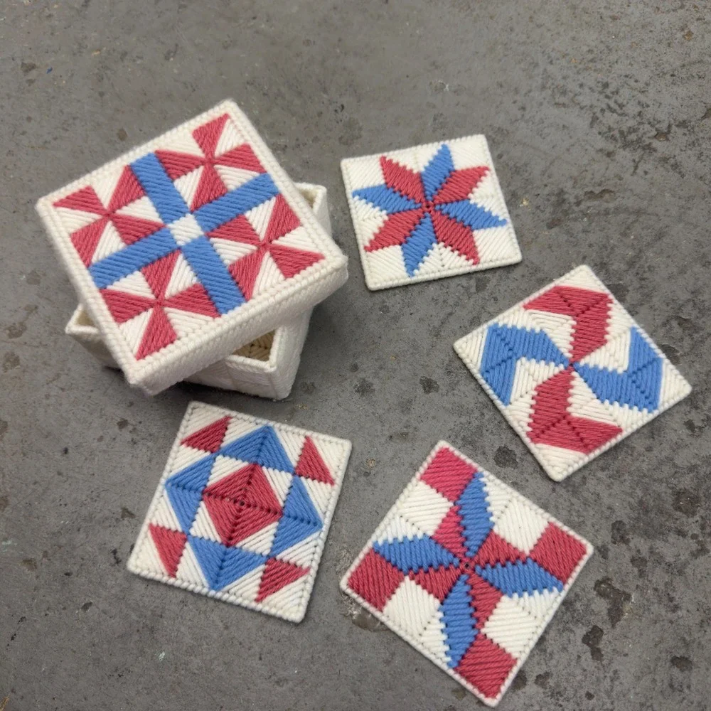 Vintage Handmade Plastic Canvas Coaster Set Quilt Pattern Red White Blue 5pc